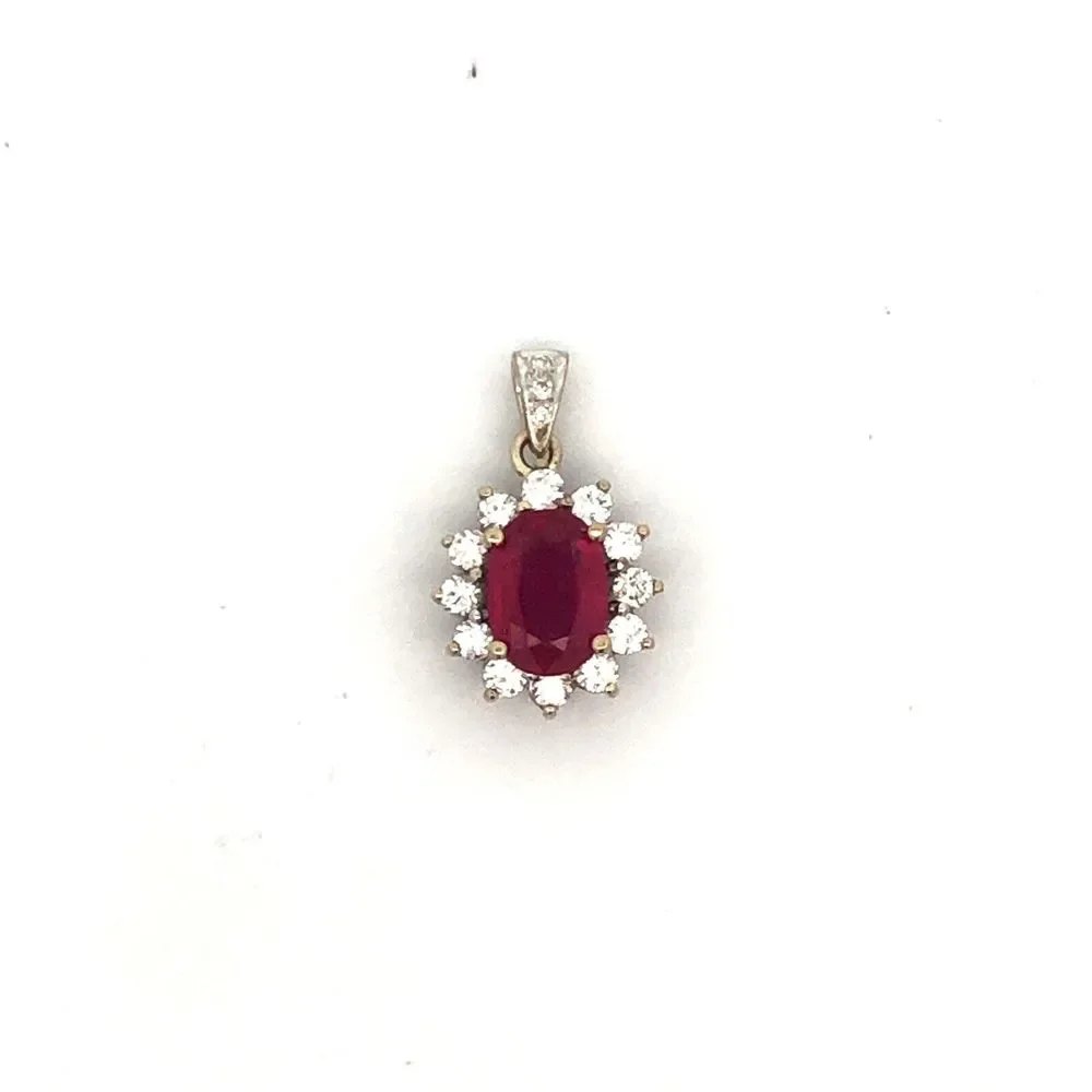 Estate 14K White Gold Oval Ruby Diamond Halo Pendant - Picture 9 of 11